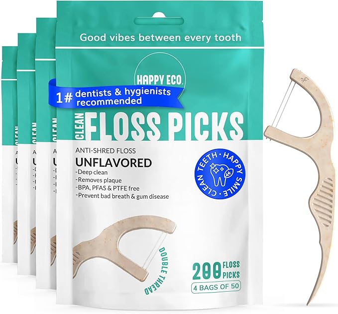 Dental Floss Picks (200pcs) - Flossers for Adults, Vegan Corn-Straw Handle, Superior Oral Care & Anti-Shred Thread, Dental Hygiene, Tooth Pick Sticks, Teeth & Gum Health (Unflavored, Double Thread)