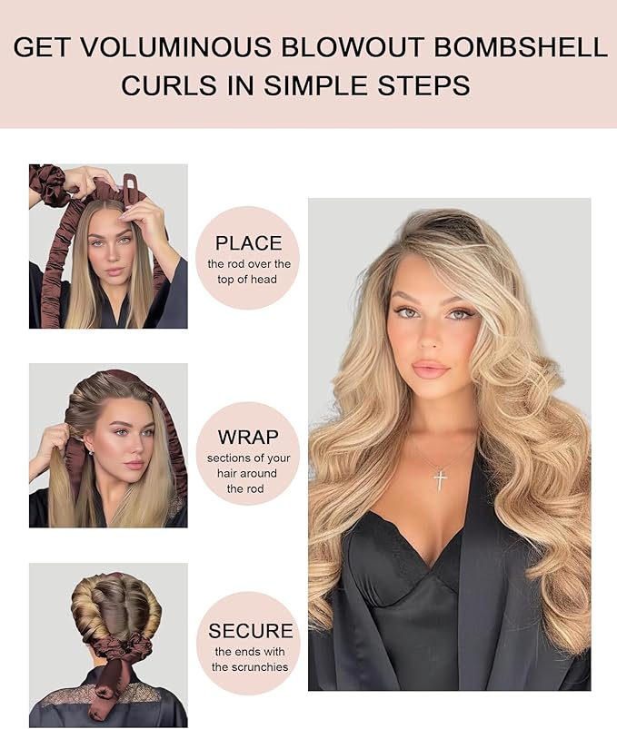 Jumbo Heatless Curls Overnight Hair Curlers to Sleep In Large Hair Rollers for Long Hair Blowout Look No Heat Overnight Curls, Soft Satin Flexi Rods Heatless Curling Rod Set Styling Tools for Women