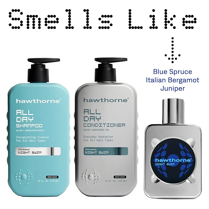 Hawthorne All Day Men's Shampoo. Sulfate Free, Paraben Free, Mens Natural Shampoo With Argan and Coconut Oil. For Stronger, Moisturized, Healthier Hair. Night Swim Cologne Scent. 16 fl. oz. 2-Pack.