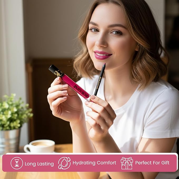 Rougine Liquid Lipstick & Lip Liner Set for Women – Smooth Matte French Kiss Shade, Long-Lasting Waterproof Lipstick, Smudge-Resistant Lip Makeup, Soft Glide Liner – Vitamin E & Shea Butter