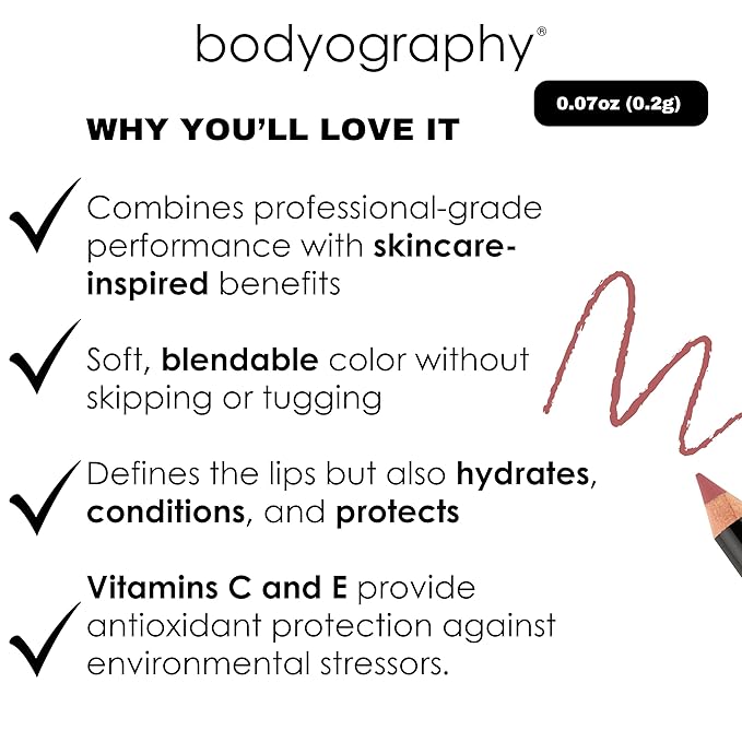 Bodyography Heatherberry Lip Pencil | Lip Liner Pencil with Coconut Oil, Vitamin E & C | Long-Lasting, Matte Liner for Definition & Color | Makeup Essential for Smooth Lip Contour