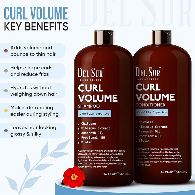 DEL SUR Curly Hair Shampoo and Conditioner Set | 16 fl oz Each | with Camellia Japonica, Hibiscus & Amaranth Oil | Curl Defining, Volume & Hydration for Curly & Wavy Hair