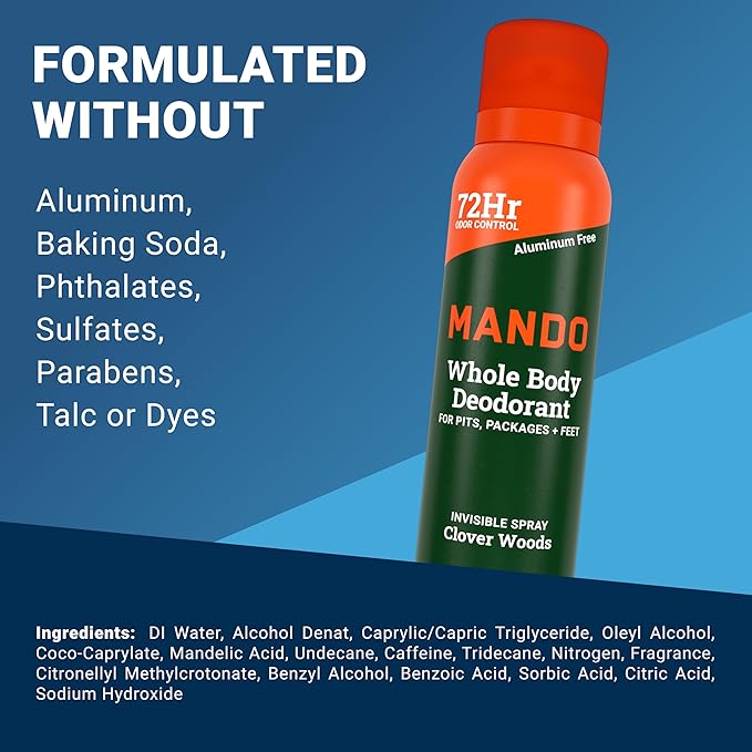 Mando Whole Body Deodorant For Men - Invisible Spray Deodorant - 72 Hour Odor Control - Low Irritation Formula - Aluminum Free, Benzene Free - 3.6 ounce Can - Clover Woods