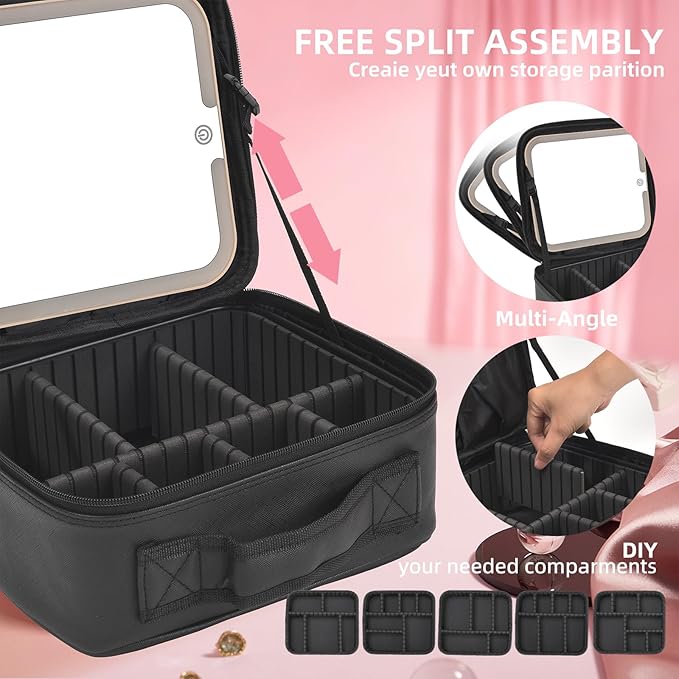 Travel Makeup Bag With LED Mirror,Cosmetic Train Case with 3 Color Setting,Cosmetic Makeup Organizer Bag with Adjustable Dividers,Portable Make up Box with Make up Brushes Holder Storage（Black）