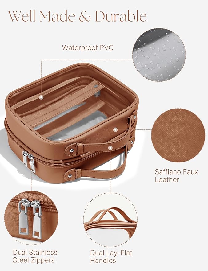 Oaque Clear Cosmetic Bag Double Layer Travel Toiletry Bag Clear Makeup Bag Case with 4 Compartments, Transparent Travel Bag for Toiletries, Large Toiletry Bag for Women Cosmetic Case (Brown, Large)