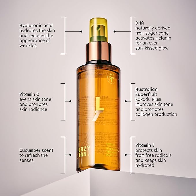 Lazy Tan Face Tan Mist - Self Tanning Mist, Waterproof, Effortless and Natural Looking, Gradual Sun Kissed Glow, Suitable for Face and Body, Hydrating Moisturiser with Vitamin C and Vitamin E