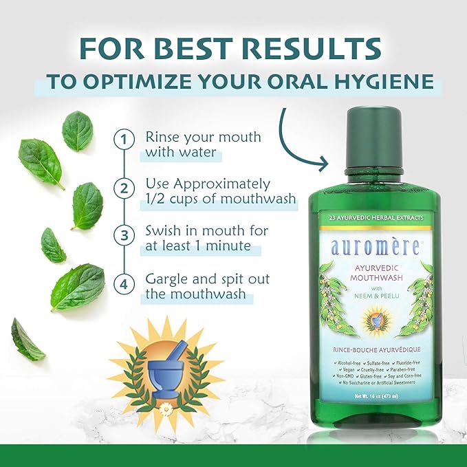 Auromere Ayurvedic Mouthwash - Vegan, Fluoride Free, Alcohol Free, Natural, Non GMO (16 fl oz), 1 Pack