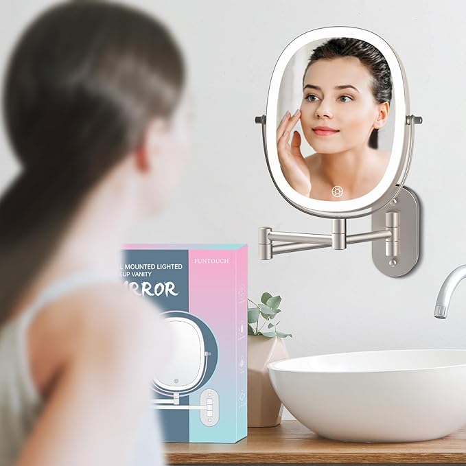 FUNTOUCH Wall Mounted Makeup Mirror,Rechargeable 7X/1X Double Sided Touch Switch Rectangle Oval Wall Mounted Magnifying Mirror with Light, 3 Color Setting,Extended Arm 360°Foldable, Nickel