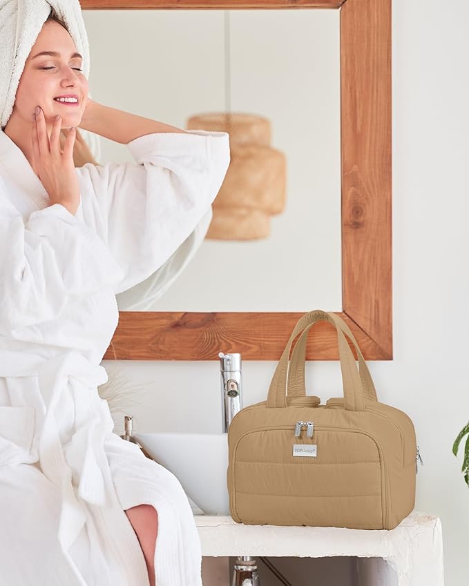 TOPDesign Travel Toiletry Bag for Women, Puffer Large Toiletry Bag, Lightweight Cosmetic Makeup Organizer with Handle for Traveling, Accessories, Essentials, Toiletries (Khaki)