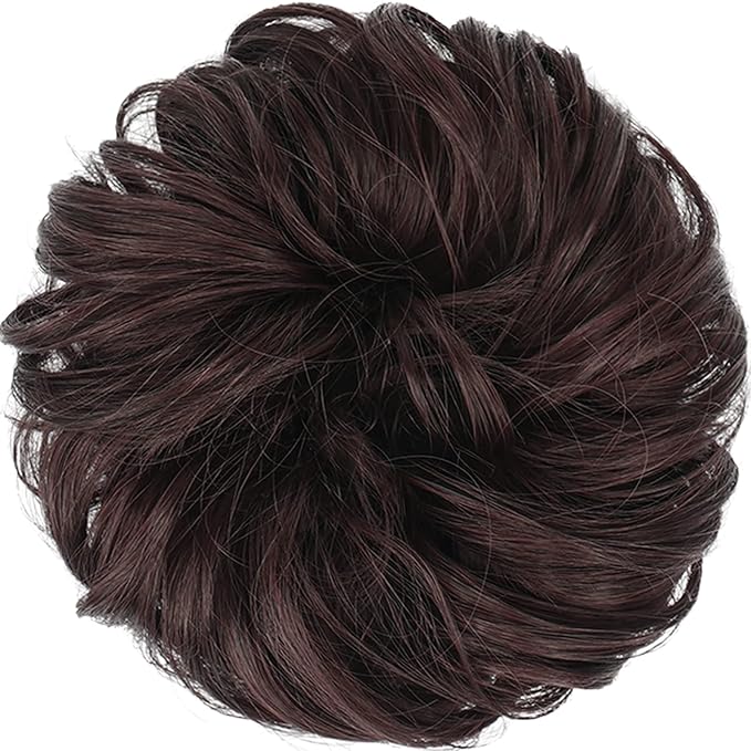 FESHFEN Messy Bun Hair Piece - Wavy Synthetic Chignon Scrunchies for Instant Volume, Elastic Bun Ponytail Hair Extensions Thick Hairpieces for Women, Black Cherry 1.50 oz