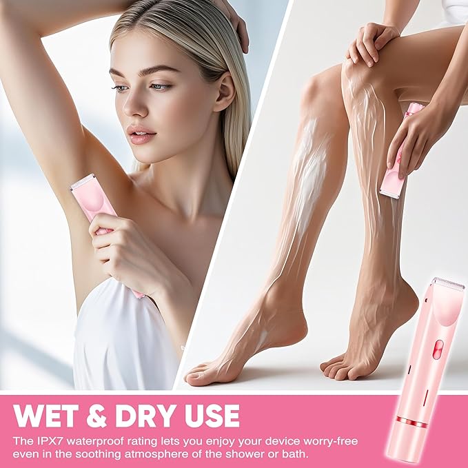 Bikini Trimmer for Women, Electric Razor & Shaver with Dual Ceramic Blades, Painless Hair Removal for Face, Body & Intimate Areas, 90min Cordless Runtime, Waterproof Travel Grooming Kit