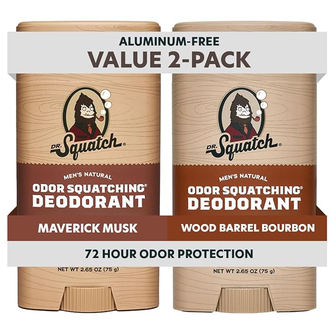 Dr. Squatch Natural Men’s Deodorant – Aluminum Free Natural Deodorant Men with Charcoal & Postbiotics for 72-Hour Odor Protection – Maverick Musk + Wood Barrel Bourbon, 2.65oz Stick (2-Pack)