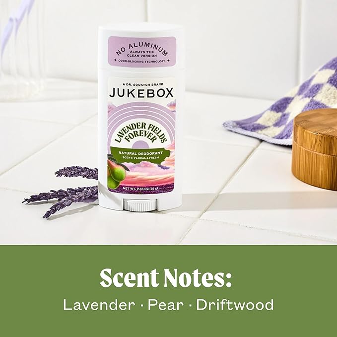 JUKEBOX Natural Deodorant for Women–Lavender Fields Forever Scent–Aluminum-Free, No Baking Soda, No Harsh Chemicals, Odor Blocking Technology, Lavender, Pear, Driftwood-a Dr. Squatch Brand-2.65oz