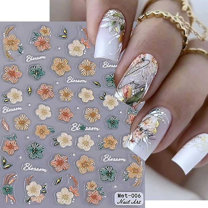 Flowers Nail Art Stickers Decal 5D Embossed Self Adhesive Flowers Nail Decals Design Pink Yellow White Daisy Peony Relief Floral Nail Stickers for Women Girls DIY Manicure Tip Decoration 3 Sheets