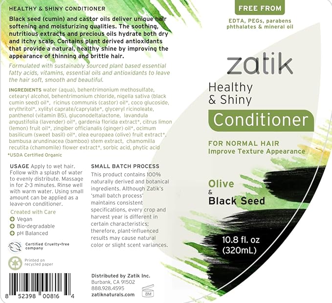 Zatik Naturals - Healthy & Shiny Shampoo + Conditioner set, with Olive and Black Seed, Voluminizing and Safe for Color Treated Hair - one of each 10.80 fl oz.