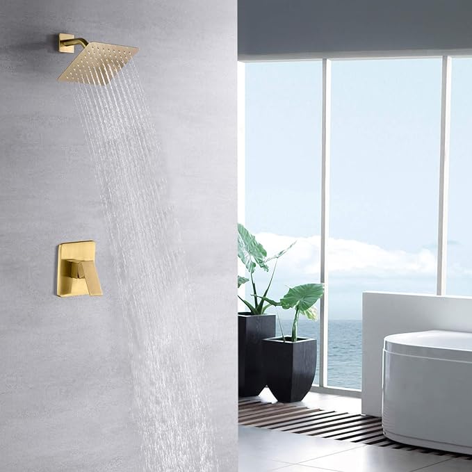 sumerain Pressure Balance Shower Faucet Brushed Gold Finish, 8" Square Rainfall Shower Head Including Rough-In Valve Body and Trim