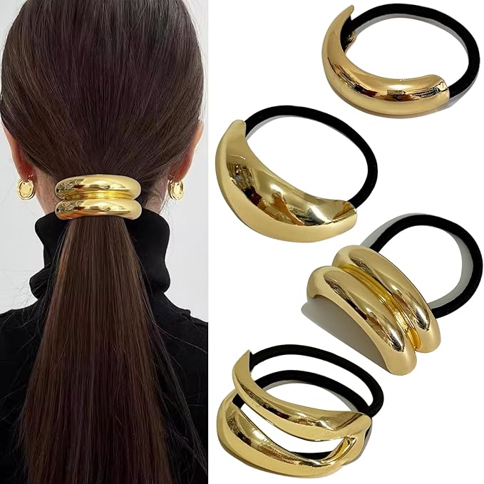 4PCS Golden Metal Hair Ties – No Damage Thick Band, High Elasticity, Durable, Stylish Golden Geometric Ponytail Holders Hair Accessories for Women
