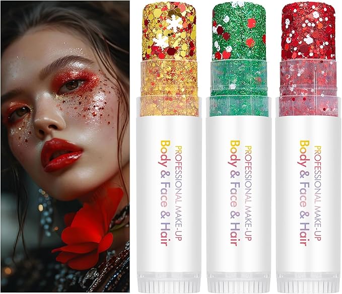 Red White and Green Face Glitter,Sparkling Neon Outfit Party Holographic Sequins Paint Mardi Gras Accessories Body and Hair Glitter Gel Makeup.