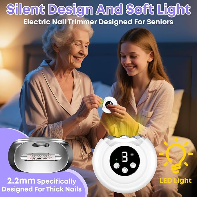 Gifts for Women Electric Nail Clipper for Adults & Seniors, 3 Speeds Automatic Nail Clipper & Trimmer with LED Light 360° Rotating Fingernail Clipper with Polisher Rechargeable Electric Nail File