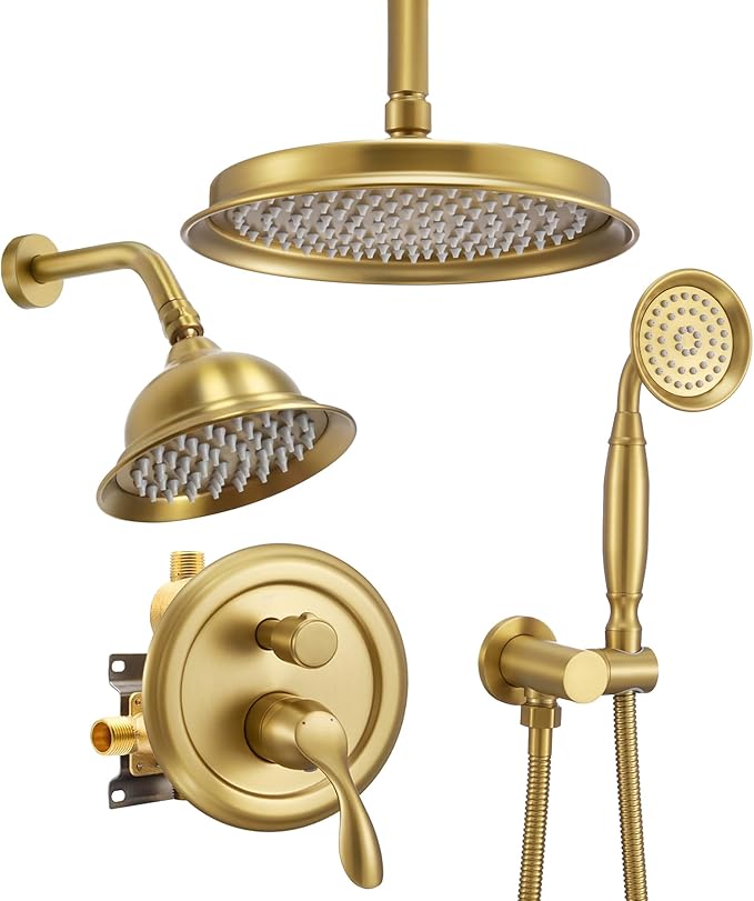 DASAN Antique Dual Shower Head Faucet Set, Brushed Gold Dual Rain Shower Head System Complete Double Head Shower Fixture Combo, 9'' & 6'' Dual Rainfall Overhead Shower with Handheld, Valve & Trim