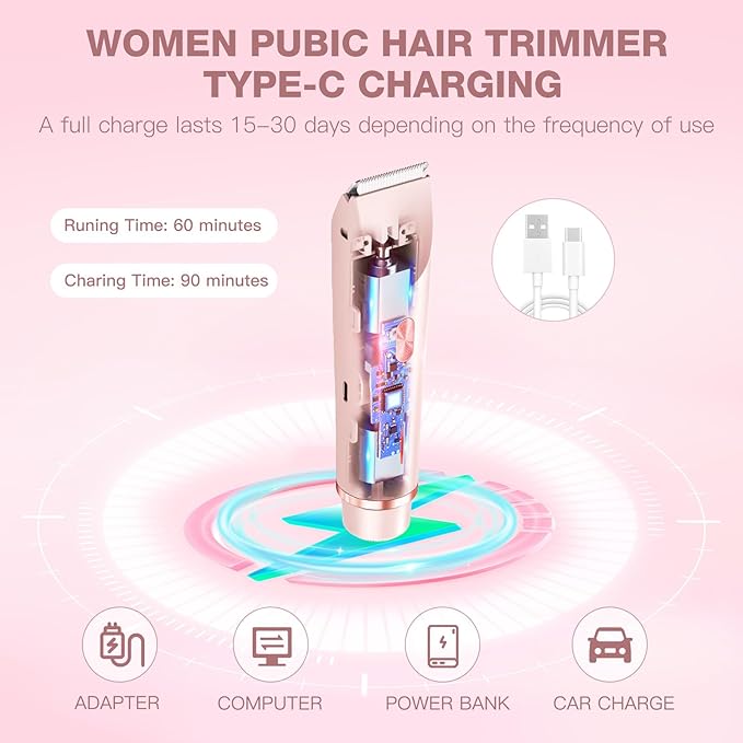 Electric Bikini Trimmer for Women - Gentle Trimming Facial Hair Removal, IPX7 Waterproof, Dual Head, USB Charge, Ceramic Blade, Pink