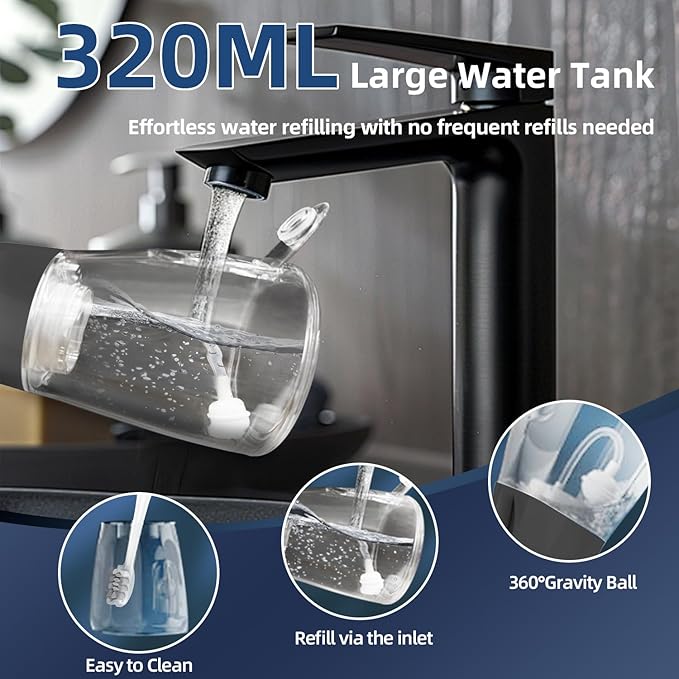 Water Dental Flosser Teeth Pick: Portable Cordless Oral Irrigator 320ML Rechargeable Travel Irrigation Cleaner IPX7 Waterproof Electric Flossing Machine for Teeth Cleaning (Black)