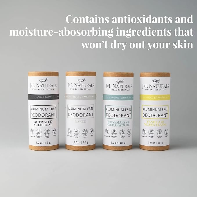 J&L Naturals Aluminum Free Deodorant for Men & Women | 100% Natural Ingredients With Coconut Oil, Shea Butter, & Essential Oils | Sustainable, Eco-Friendly (Unscented & Woody, 3.0 Oz (Pack of 4))