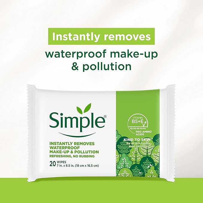 Simple Kind To Skin Micellar Makeup Remover Wipes - Face Wipes Instantly Remove Waterproof Makeup - Enriched with Vitamin B5 and E - Vegan - 20 pc