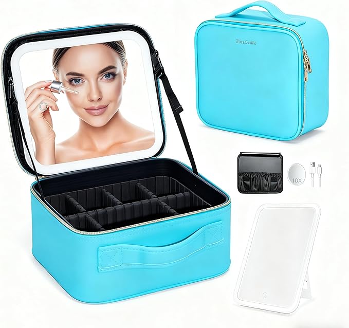 Gdsshuhung Makeup Bag with Mirror | Partitionable Professional Makeup Organizer | Large Travel Makeup Bag for Women | Cosmetic Case for Daily & On-the-Go Use (Lake Blue)