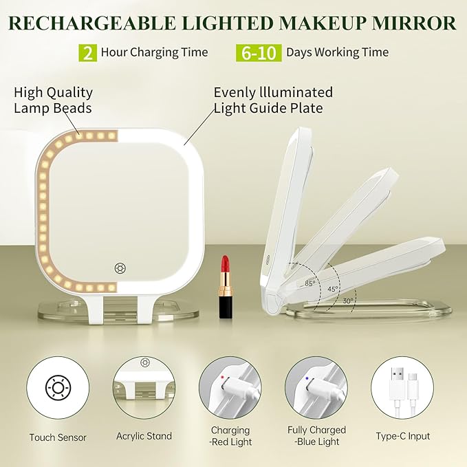 FUNTOUCH 30X Magnification Lighted Makeup Mirror, 7" Rechargeable Double Sided Travel Vanity Mirror with Lights, 3 Color Lights & Adjustable Brightness, 300°Rotation, Gift for Women,White