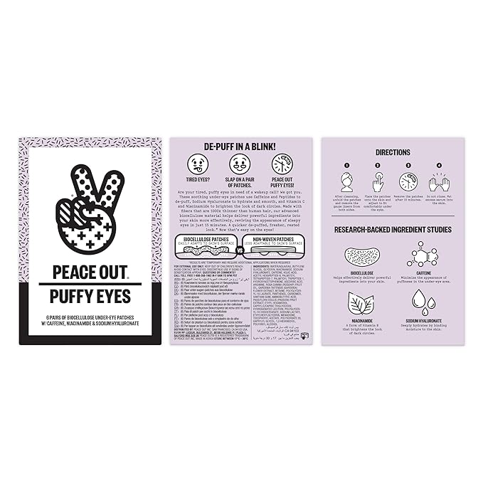 PEACE OUT Skincare Puffy Eyes Under Eye Patches, Biocellulose Eye Masks with Caffeine and Niacinamide for Under Eye Puffiness and Tired Eyes, 6 Pairs