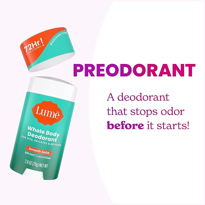 Lume Whole Body Deodorant - Smooth Solid Stick - 72 Hour Odor Control - Aluminum Free, Baking Soda Free and Skin Safe - 2.6 Ounce (Pack of 2) (Minted Cucumber)
