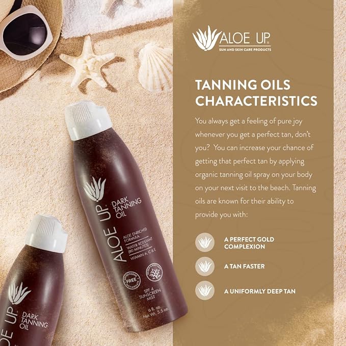 Aloe Up SPF 4 Dark Tanning Oil - Body and Face Tanning Continuous Spray for Outdoor Sun - With Sunscreen, Pure Aloe Vera, and Natural Oils - Dries Clear - Reef Friendly - Fresh Tropical Scent - 6 Oz