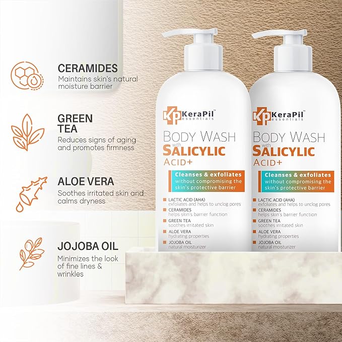 KERAPIL Salicylic Acid Body Wash - Skin Non-drying, Gentle Exfoliates Rough and Bumpy Skin, Body Acne Wash, BHA & AHA - Unscented Exfoliating Body Wash, Made in USA - (16 fl oz x 2)