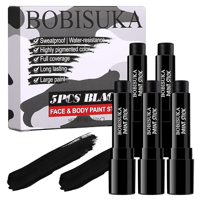 5PCS Eye Black Stick, Sports Face Body Paint for Football, Baseball, Softball – Anti Glare Under Eye Stick – Oil Based Black Face Painting Kit for Halloween Skull Skeleton Costume Cosplay Makeup