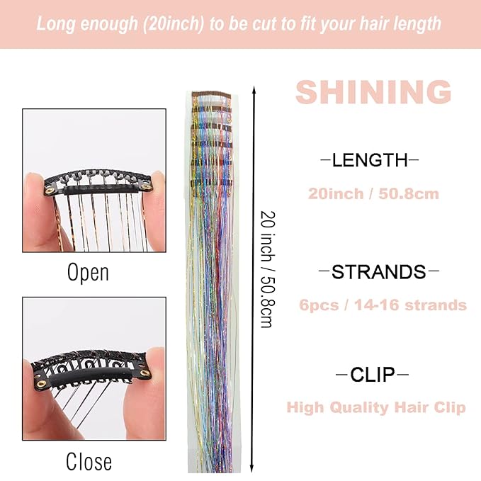 47" Holographic Hair Tinsel Shining Gold Professional Sparkle Heat-Resistant Silk Extensions, Hair Accessories for Girls, Party Hair, Gifts for Girls (6PCs Clip in Hair Tinsel Kit, Shining Galaxy)