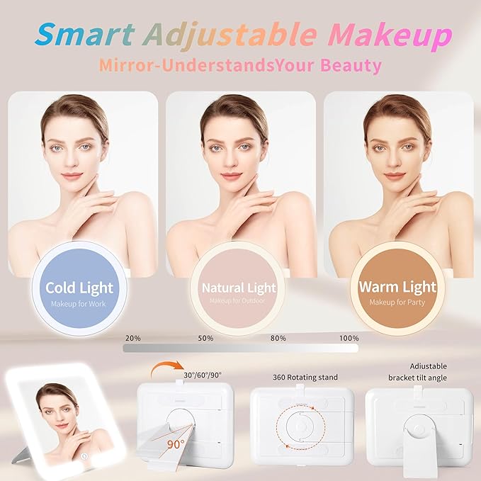 Gdsshuhung Makeup Bag with LED Mirror & Magnifier, Large Cosmetic Organizer Travel Makeup Case with Adjustable Brightness & 6 Detachable Dividers, Portable Makeup Storage for Women Girls (Black)