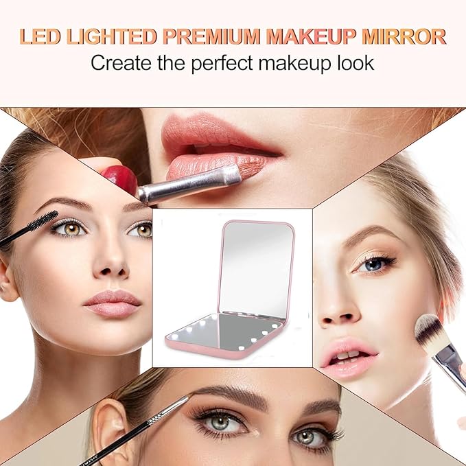 Flymiro Compact Mirror, 1x/3x Magnification Mini Mirror for Purse, Pocket, Handheld, Stocking Stuffers, Travel Makeup, 2-Sided Foldable, Small Mirror with Led Lights