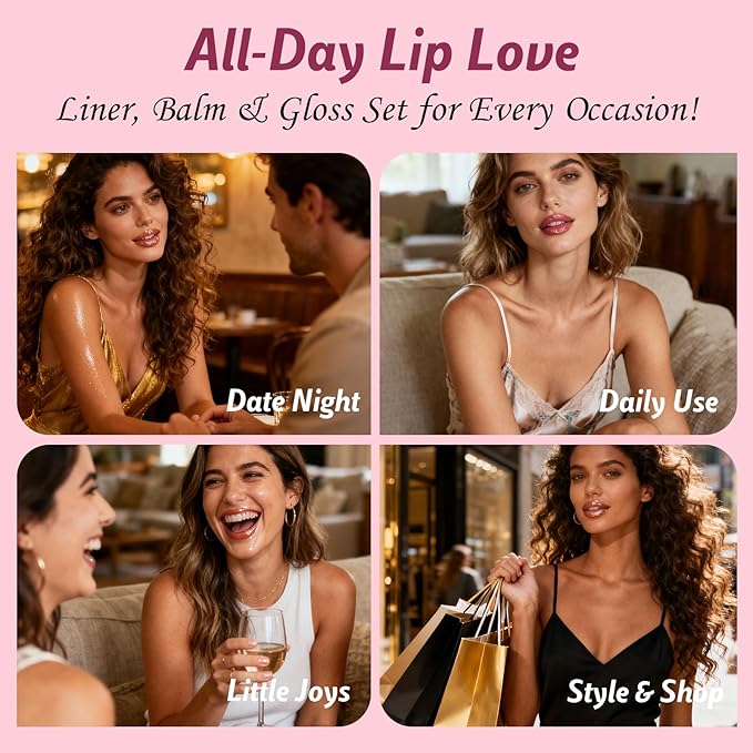 3PCS Lip Combo Set - Matte Lip Liner Pencil + Hydrating Tinted Lip Balm + Juicy Lip Gloss Tint, Non-Sticky, Long-Lasting, High Pigment Lip Makeup Kit (Berry Mousse Set)