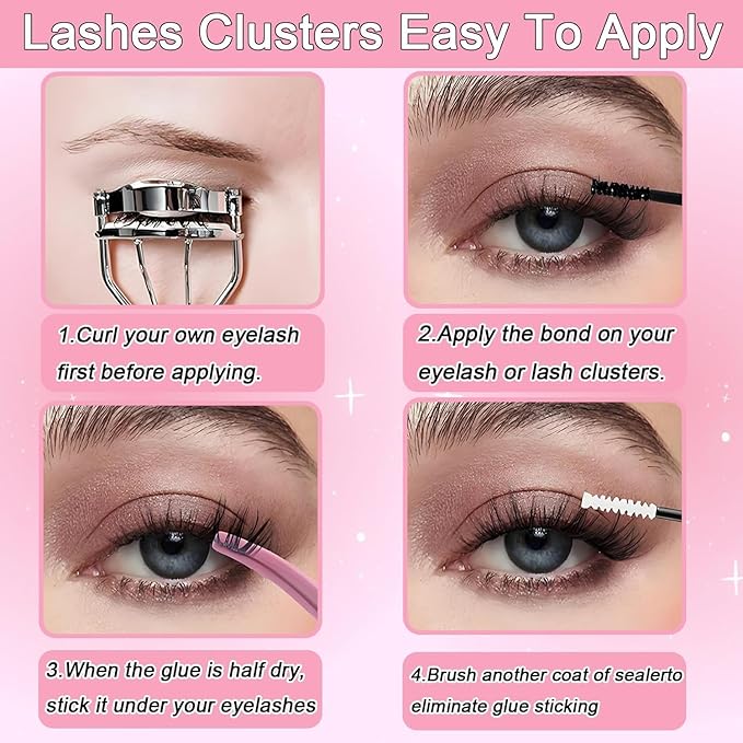 Lash Clusters Kit, Eyelash Clusters Individual Lash Extension Kit 480 Pcs D Curl Fluffy Wispy False Eyelashes Extensions Thin Band with Bond Seal Tweezers Brush Removers (50D+60D Kit 9-16mm)