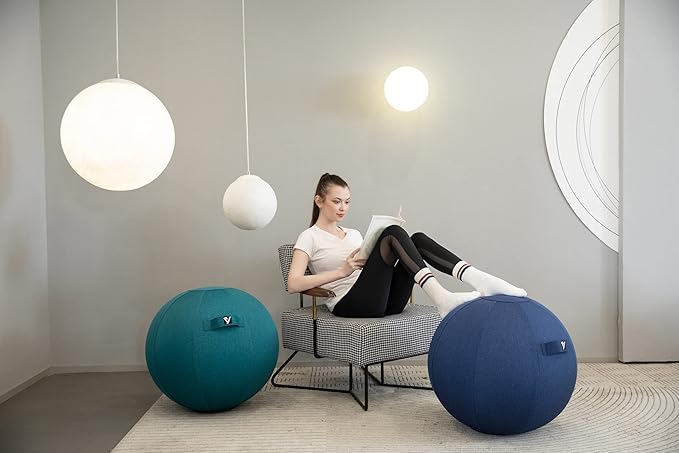 Sitting Ball Chair for Office and Home, Pilates Exercise Yoga Ball with Cover for Balance, Stability and Fitness, Ergonomic Posture Exercise Ball Seat with Handle and Pump