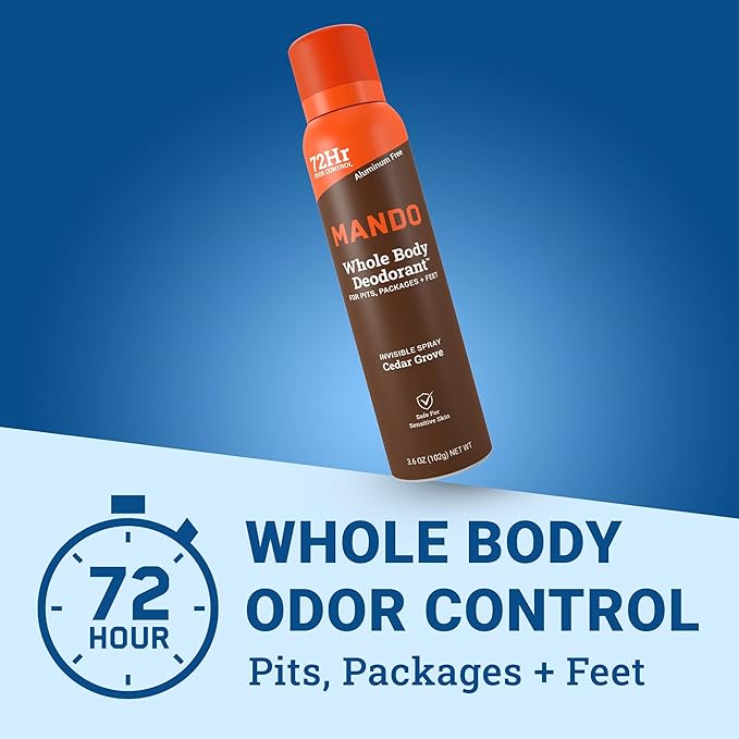 Mando Whole Body Deodorant Spray For Men - Invisible Spray Deodorant - 72 Hr Odor Control - Low Irritation Formula - Aluminum Free & Benzene Free - 3.6 ounces - Pack of 2 - Cedar Grove