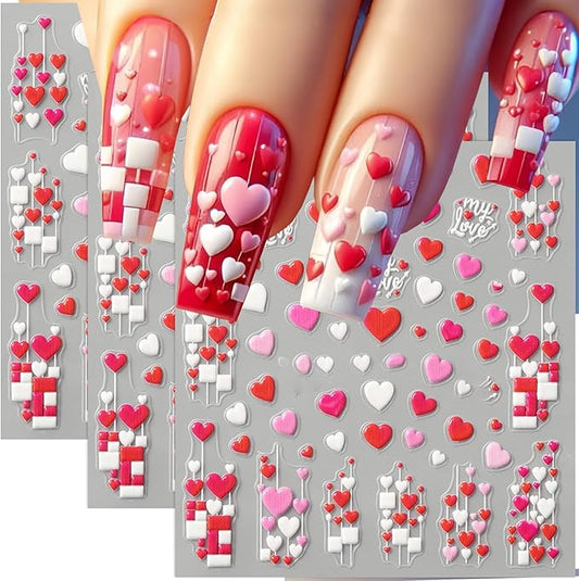 3 Sheets Heart Nail Stickers Red Pink Heart Nail Decals 3D Self Adhesive Valentine Heart Love Nail Art Sticker Holiday DIY Manicure Decoration Supplies Accessories for Women