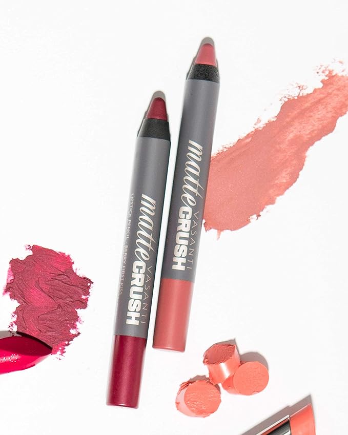VASANTI Matte Crush Lipstick Pencil – Rosy Pout Medium Pink Brown – Soft, Velvety Matte Finish, Waterproof, Smooth Application – Natural, Vegan, Paraben-Free Lip Color