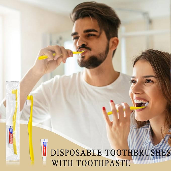 Disposable Toothbrushes with Toothpaste,100 Pack Yellow Hollow Individually Wrapped Disposable Travel Toothbrushes Kit in Bulk for Homeless,Nursing Home,Hotel,Charity