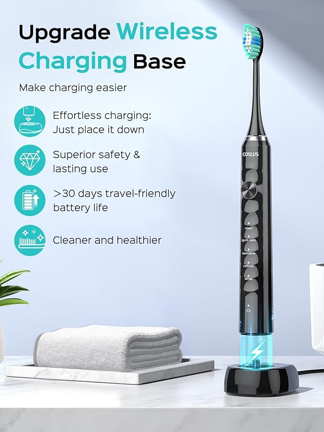 COSLUS C40 Sonic Electric Toothbrush for Adults: 47000 VPM for Deep Cleaning & Whitening with Travel Case - 5 Modes for Sensitive Teeth & Braces, Wireless Charging, 6 Brush Heads, Black & Pink (2PCS)
