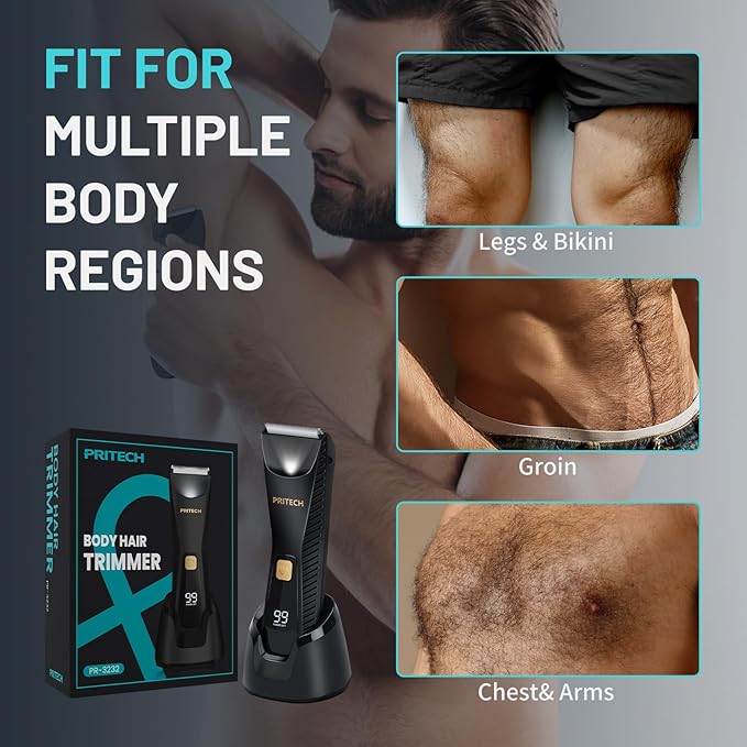 PRITECH Manscape Body Hair Trimmer for Men - Waterproof Pubic Hair Ball Trimmer, Ceramic Blade Electric Body Shavers for Men with USB-C Charging, Wet & Dry Use & Nick-Free Design, Sensitive Skin Safe