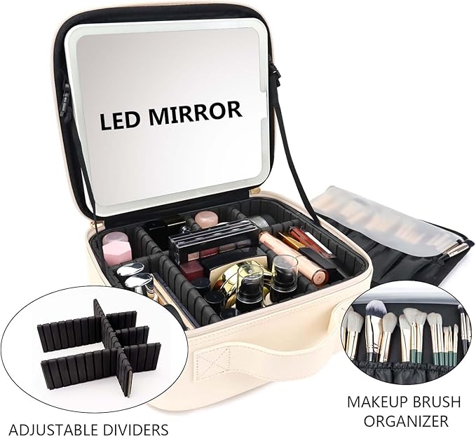 SLUMAZI Travel Makeup Bag with LED Mirror Travel Makeup Organizer with 3 Lighted Settings, Adjustable Dividers and Makeup Brush Storage Bag White
