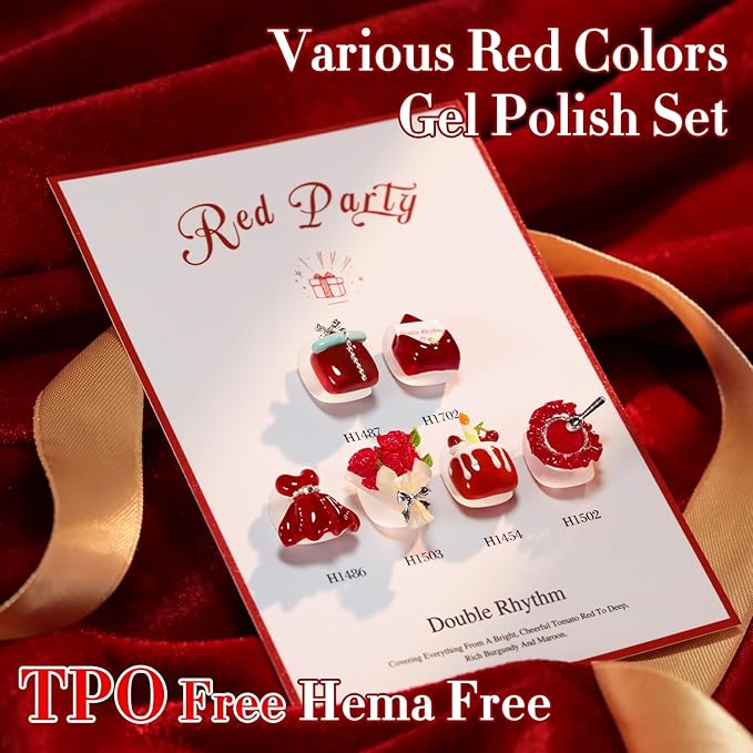 Double Rhythm 6 Pcs Hema Free Gel Polish Set 0.50 OZ Same Color Same Bottle Soak Off Neutral Natural Milky Gel Polish Kit Nail Art Manicure Salon (Shimmer Cherry Red Burgundy-H6-4)