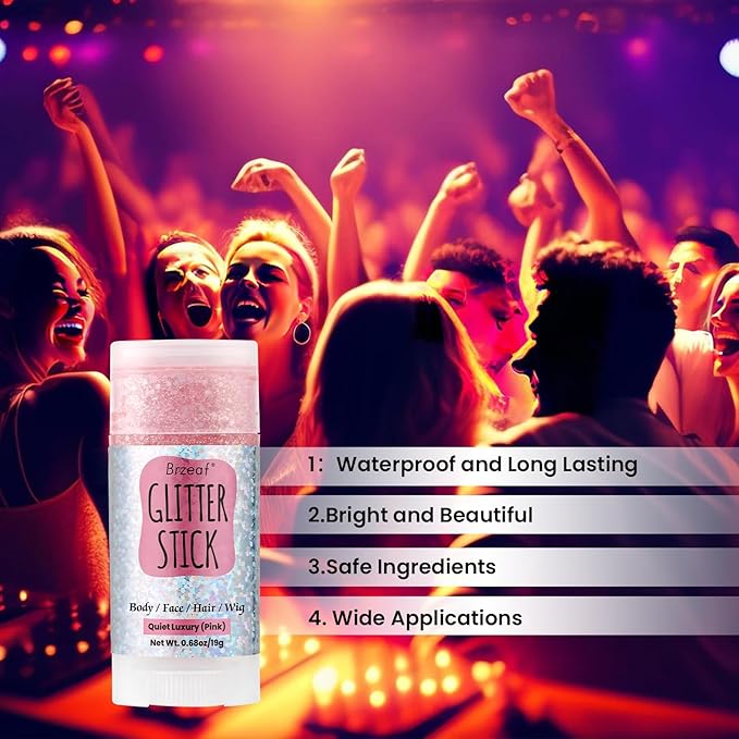 Brzeaf Pink Glitter Stick, Not Greasy & Long Lasting, Face Glitter Gel, Chunky Glitter for Face/Body/Hair/Eyes/Lip, Singer Concert Music Rave Festival, Glitter Stick Makeup for Women Men